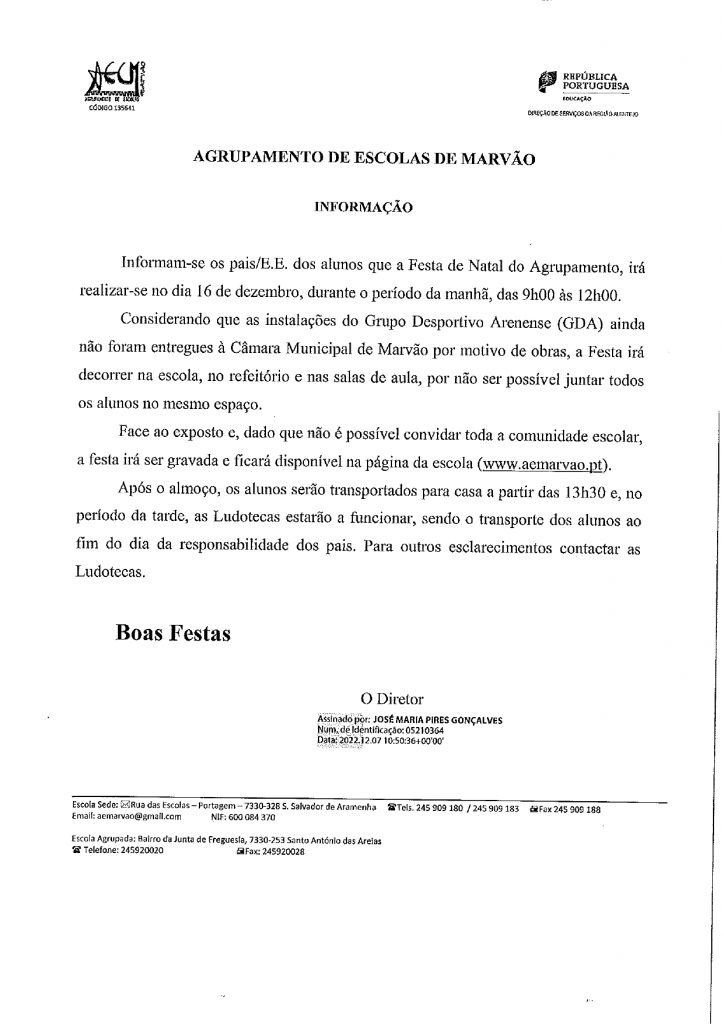 Festa de Natal 2022 – Informações – Agrupamento de Escolas de Marvão